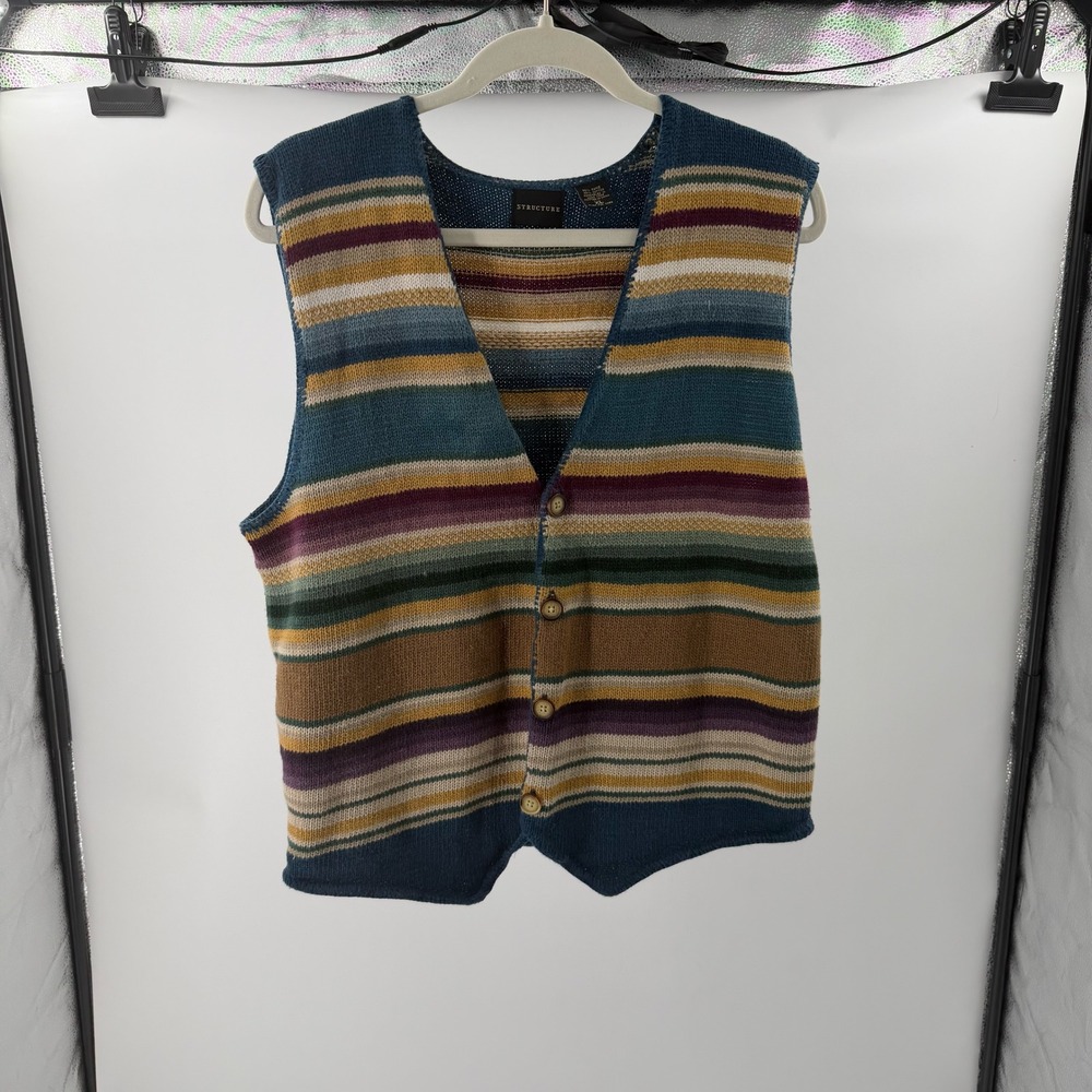 VTG Structure 90's Cotton Multi- Color Striped Sweater Vest Sz XL Indie Retro